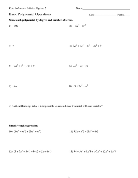 Algebra Problems and Worksheets  Algebraic Long Division