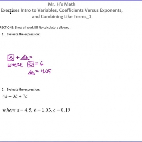 Exercises intro to variables coefficients versus exponents and combining like terms 1